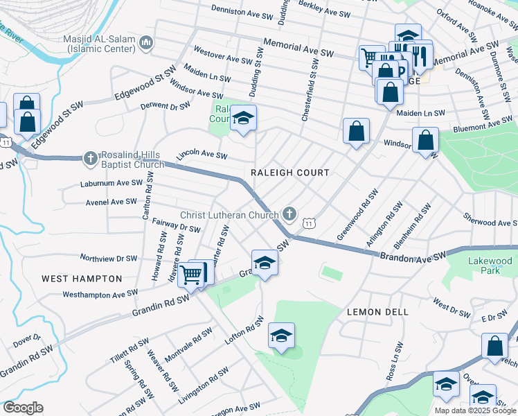 map of restaurants, bars, coffee shops, grocery stores, and more near 2119 Laburnum Avenue Southwest in Roanoke