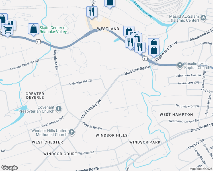 map of restaurants, bars, coffee shops, grocery stores, and more near 3333 Mudlick Road Southwest in Roanoke