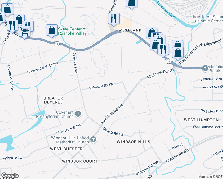 map of restaurants, bars, coffee shops, grocery stores, and more near 3423 Clara Ave SW in Roanoke