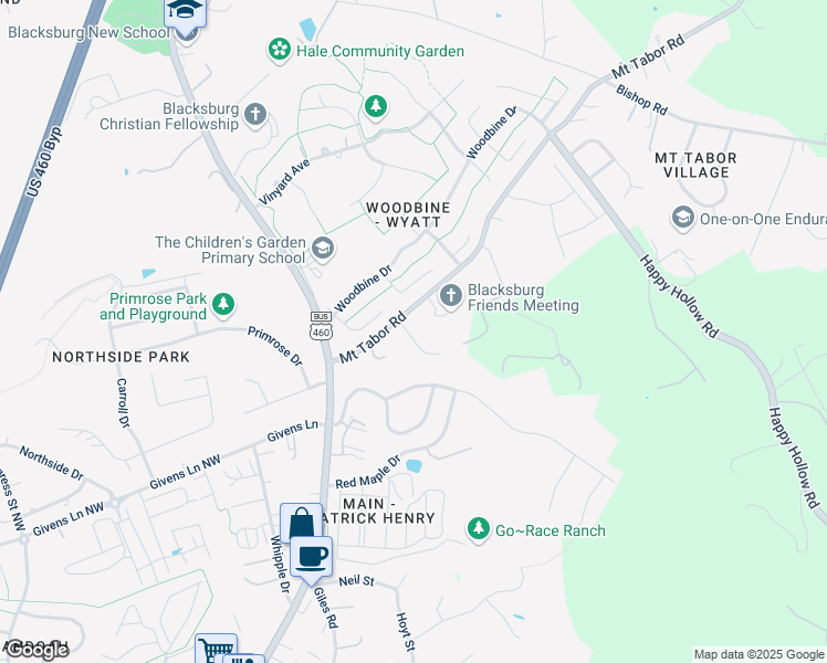 map of restaurants, bars, coffee shops, grocery stores, and more near 1913 Tabor Village Drive in Blacksburg