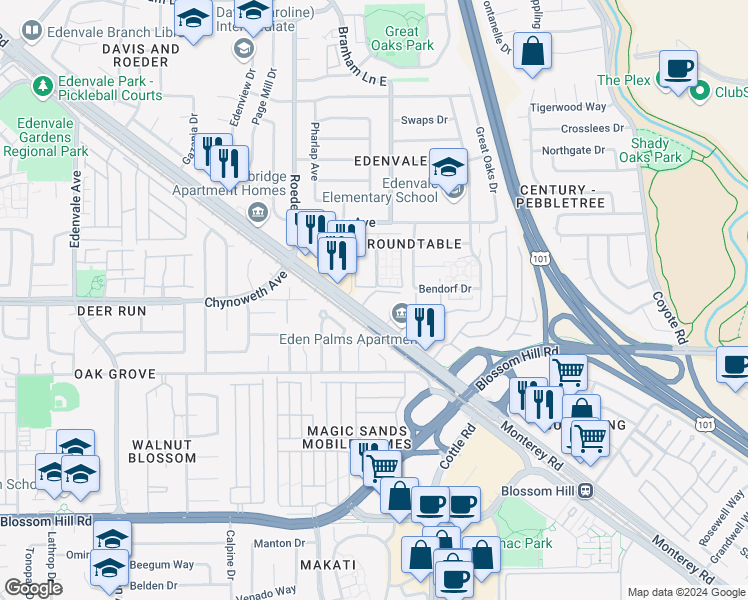 map of restaurants, bars, coffee shops, grocery stores, and more near 5332 Monterey Highway in Morgan Hill