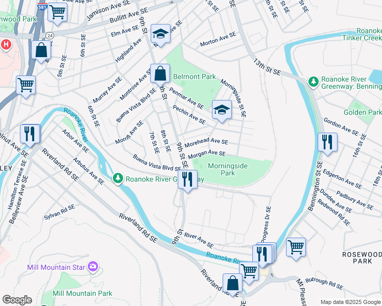 map of restaurants, bars, coffee shops, grocery stores, and more near 916 Morgan Avenue Southeast in Roanoke