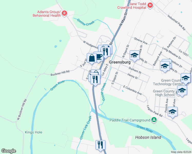 map of restaurants, bars, coffee shops, grocery stores, and more near 203 South Main Street in Greensburg