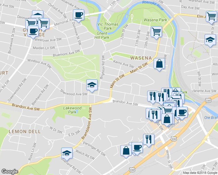 map of restaurants, bars, coffee shops, grocery stores, and more near 1815 Main Street Southwest in Roanoke