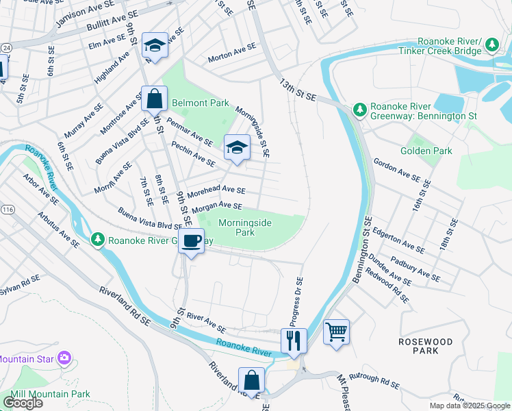 map of restaurants, bars, coffee shops, grocery stores, and more near 1044 Morgan Avenue Southeast in Roanoke