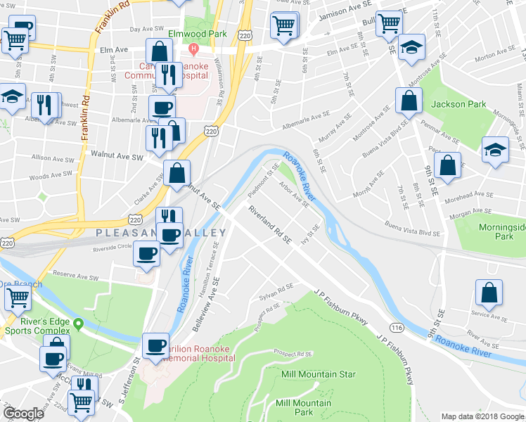 map of restaurants, bars, coffee shops, grocery stores, and more near 428 Riverland Road Southeast in Roanoke