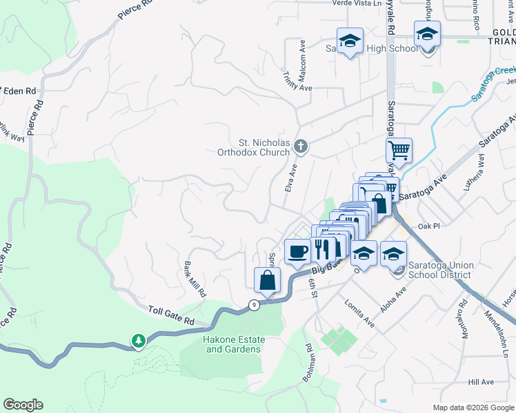 map of restaurants, bars, coffee shops, grocery stores, and more near 20995 Canyon View Drive in Saratoga