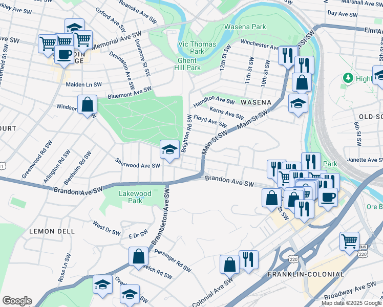 map of restaurants, bars, coffee shops, grocery stores, and more near 1023 Windsor Avenue Southwest in Roanoke