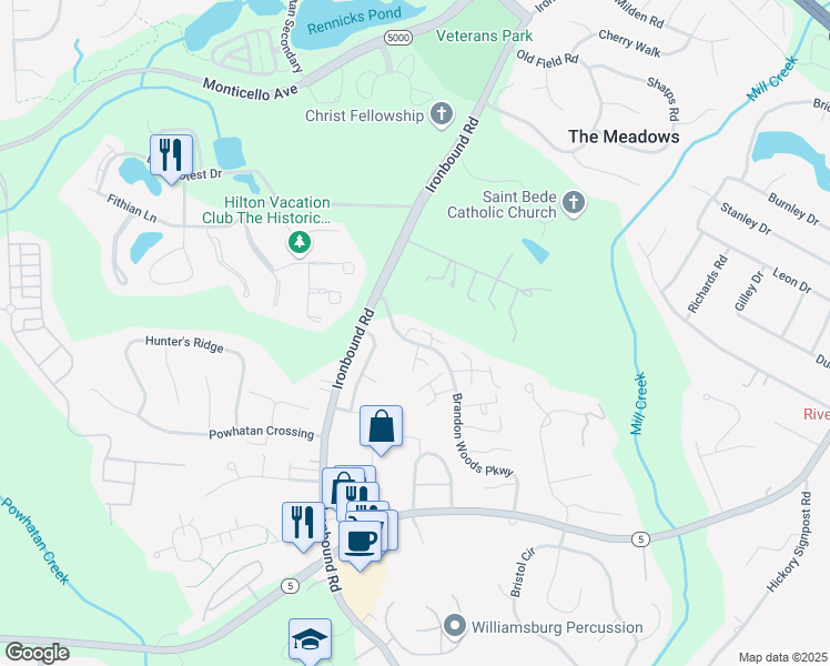 map of restaurants, bars, coffee shops, grocery stores, and more near 3800 Abington Park in Williamsburg