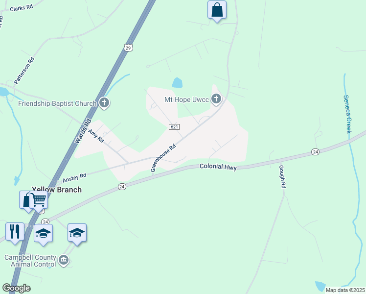 map of restaurants, bars, coffee shops, grocery stores, and more near 1394 Greenhouse Road in Rustburg