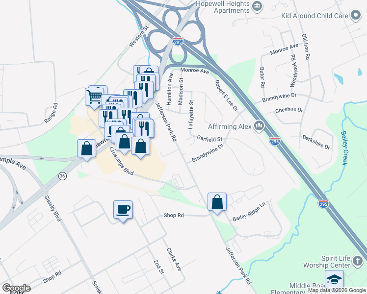 map of restaurants, bars, coffee shops, grocery stores, and more near 4006 Jefferson Park Road in Prince George