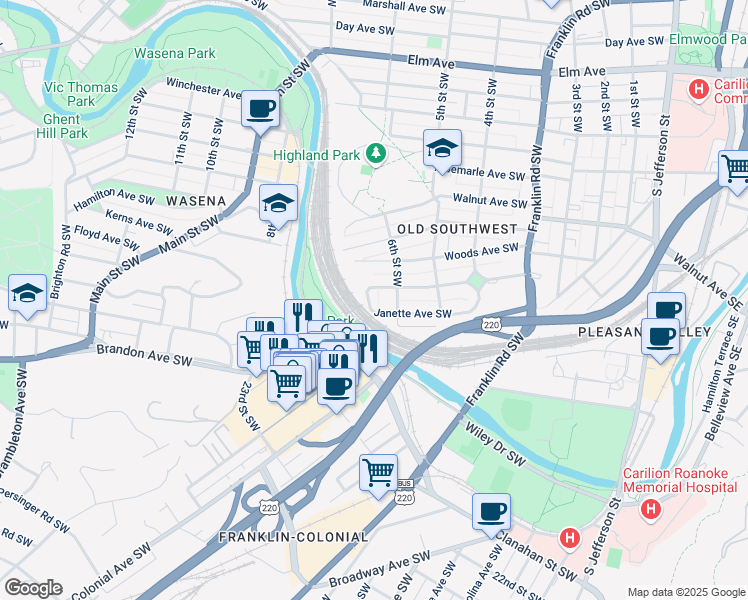 map of restaurants, bars, coffee shops, grocery stores, and more near 625 Janette Avenue Southwest in Roanoke