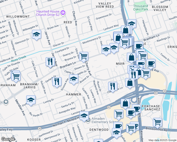 map of restaurants, bars, coffee shops, grocery stores, and more near in San Jose
