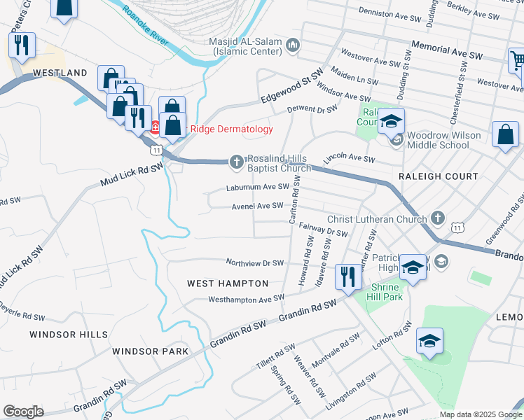 map of restaurants, bars, coffee shops, grocery stores, and more near 2644 Avenel Avenue Southwest in Roanoke