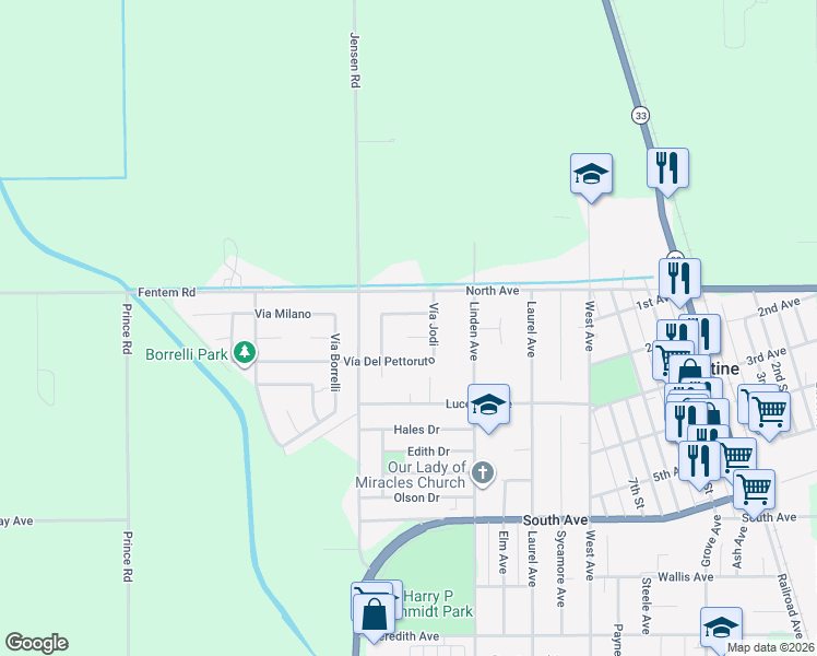 map of restaurants, bars, coffee shops, grocery stores, and more near 1441 Vía Fraga in Gustine