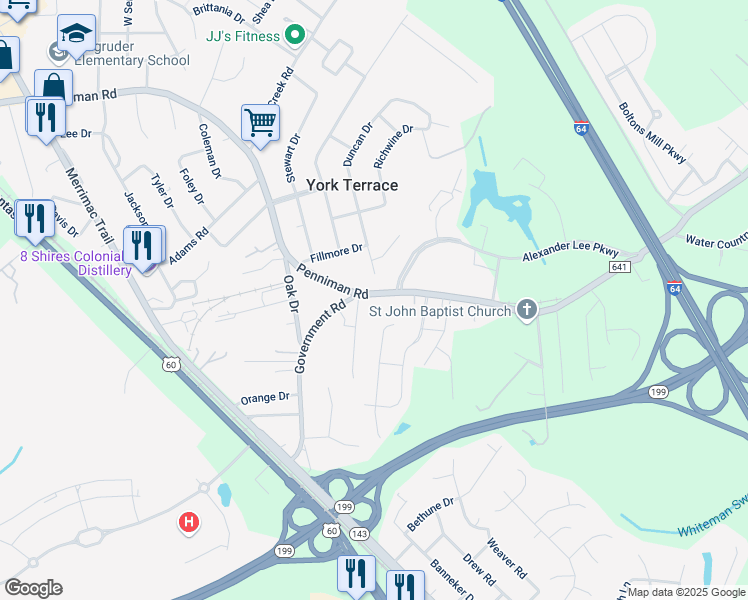 map of restaurants, bars, coffee shops, grocery stores, and more near 1307 Penniman Road in Williamsburg