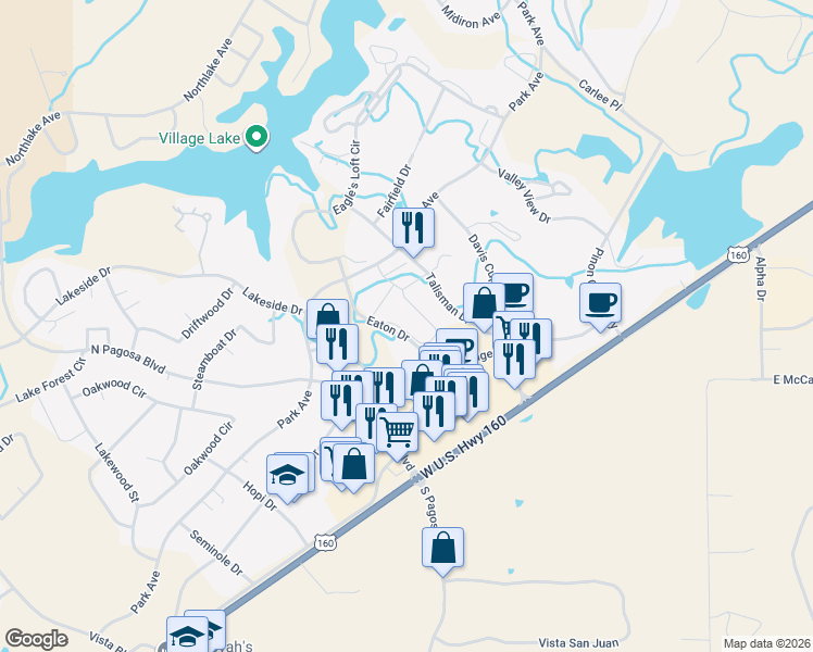 map of restaurants, bars, coffee shops, grocery stores, and more near Eaton Dr in Pagosa Springs