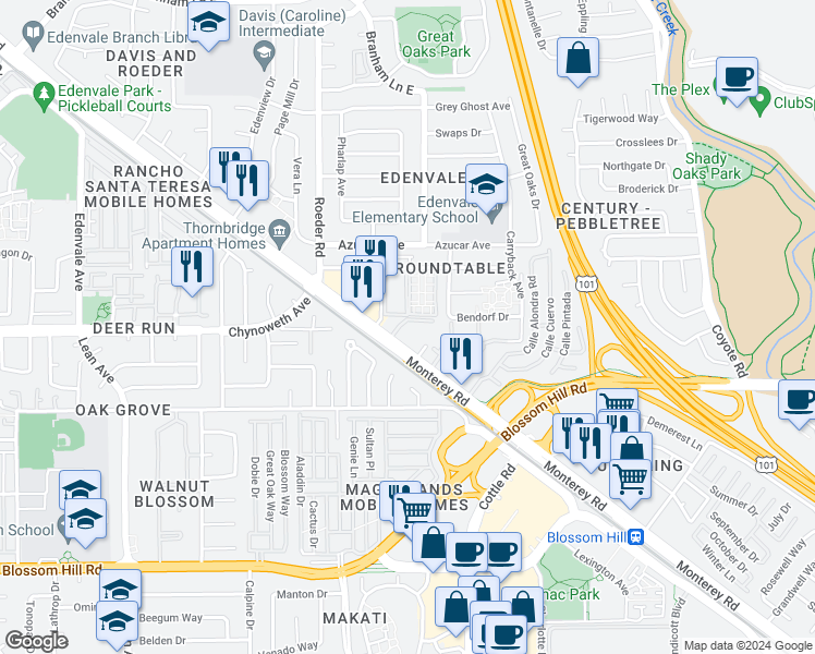map of restaurants, bars, coffee shops, grocery stores, and more near 5334 Monterey Road in San Jose