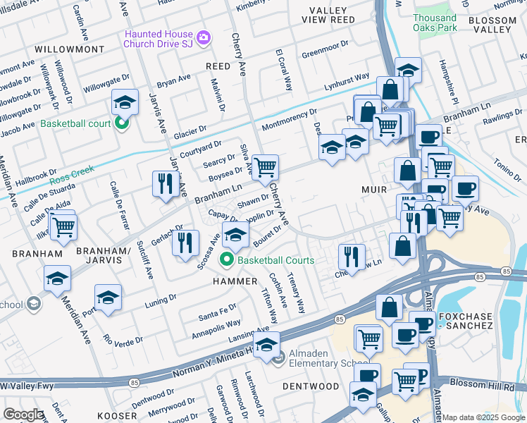 map of restaurants, bars, coffee shops, grocery stores, and more near 1322 Joplin Drive in San Jose