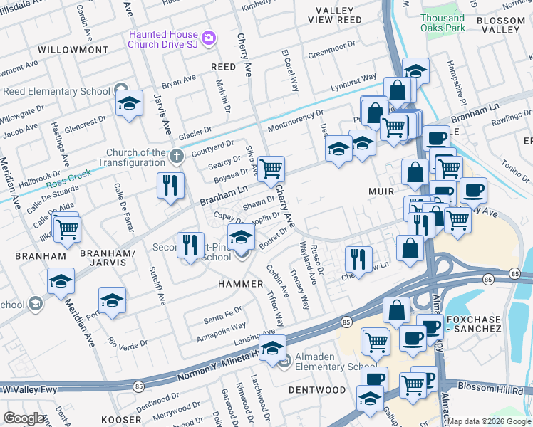 map of restaurants, bars, coffee shops, grocery stores, and more near 1322 Joplin Drive in San Jose
