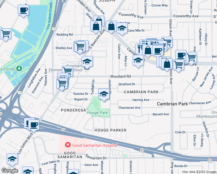 map of restaurants, bars, coffee shops, grocery stores, and more near 2265 Sunrise Drive in San Jose