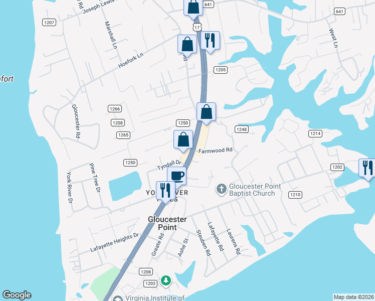 map of restaurants, bars, coffee shops, grocery stores, and more near 1730 George Washington Memorial Highway in Gloucester Point