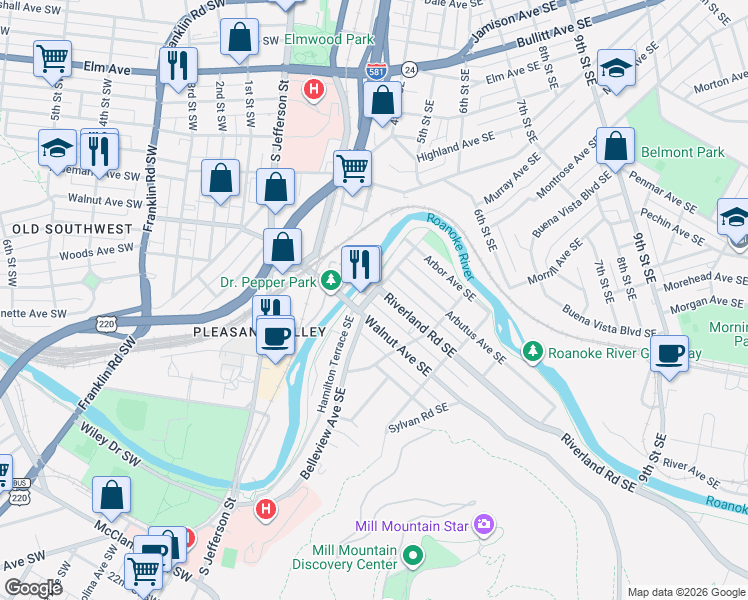 map of restaurants, bars, coffee shops, grocery stores, and more near 422 Walnut Avenue Southeast in Roanoke