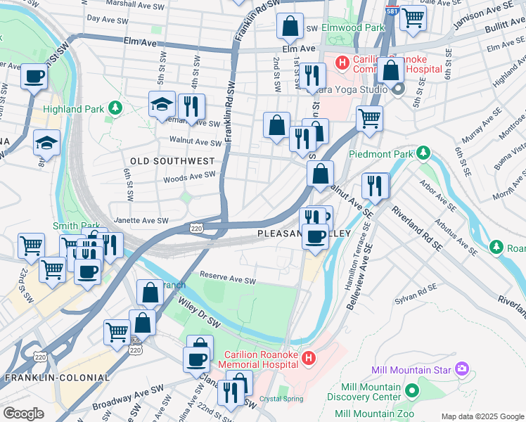 map of restaurants, bars, coffee shops, grocery stores, and more near 1415 Clarke Avenue Southwest in Roanoke