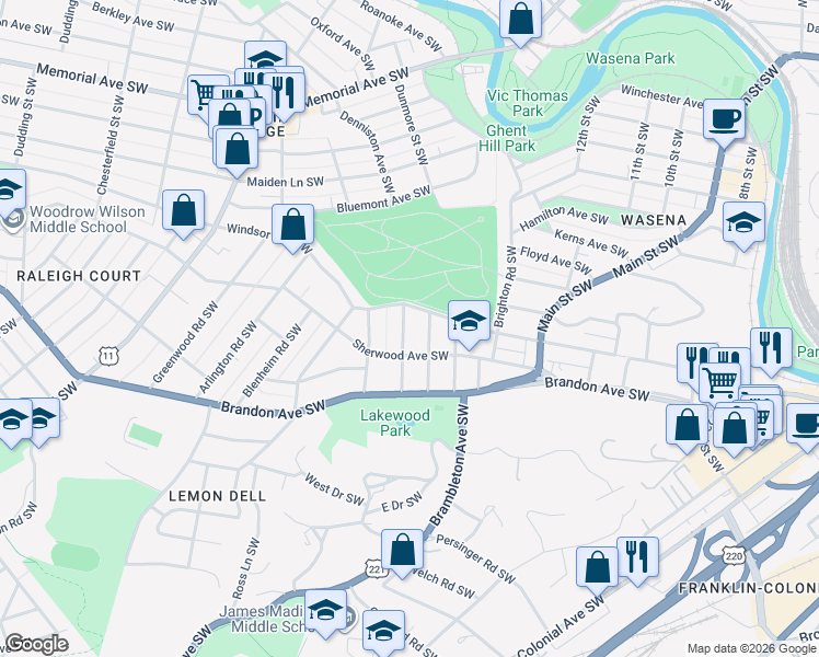map of restaurants, bars, coffee shops, grocery stores, and more near 1836 Warrington Road Southwest in Roanoke