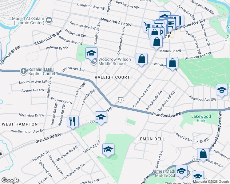 map of restaurants, bars, coffee shops, grocery stores, and more near 1915 Grandin Road Southwest in Roanoke