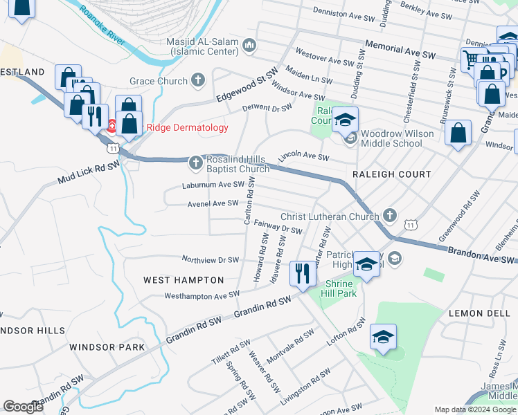 map of restaurants, bars, coffee shops, grocery stores, and more near 2513 Fairway Drive Southwest in Roanoke