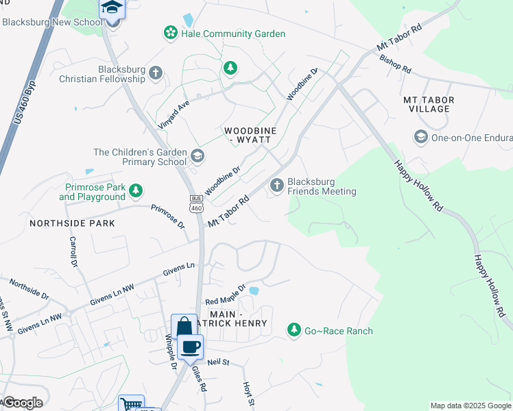 map of restaurants, bars, coffee shops, grocery stores, and more near 1912 Tabor Village Drive in Blacksburg