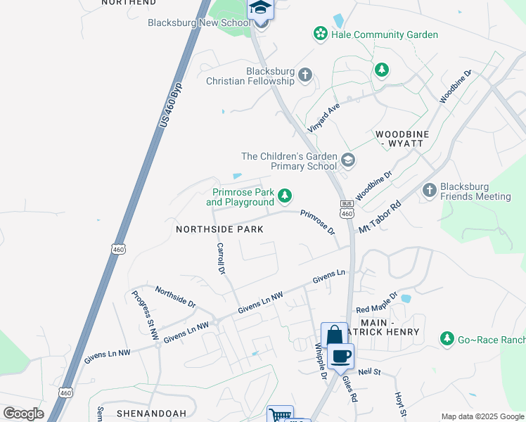 map of restaurants, bars, coffee shops, grocery stores, and more near 2101 Walnut Drive in Blacksburg