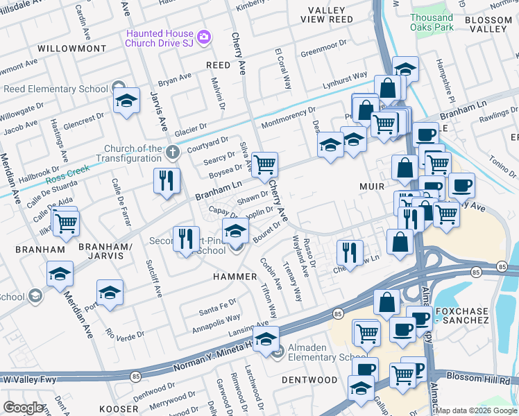 map of restaurants, bars, coffee shops, grocery stores, and more near 1322 Joplin Drive in San Jose