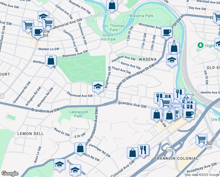 map of restaurants, bars, coffee shops, grocery stores, and more near 1023 Windsor Avenue Southwest in Roanoke