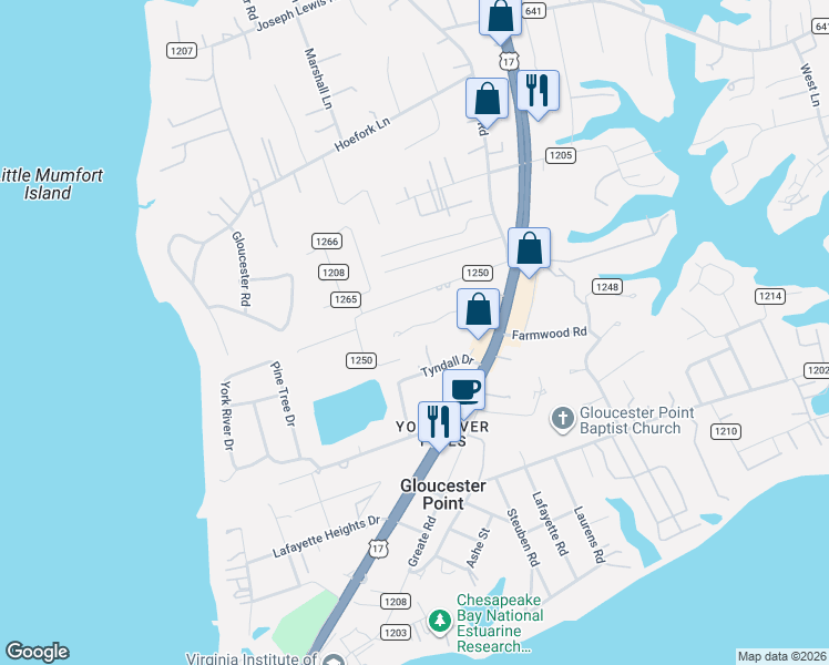 map of restaurants, bars, coffee shops, grocery stores, and more near 7534 Backcorner Drive in Gloucester Point