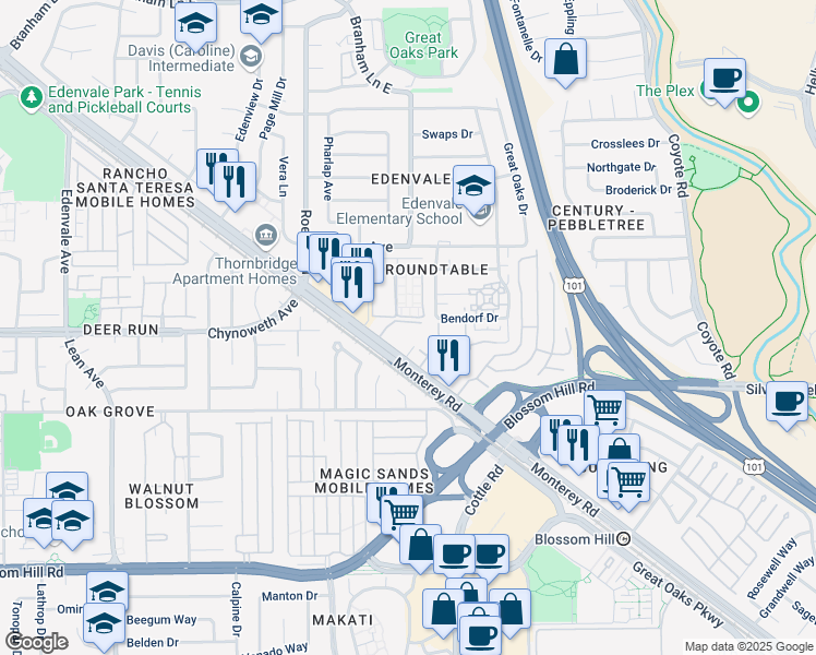 map of restaurants, bars, coffee shops, grocery stores, and more near 5330 Monterey Road in San Jose