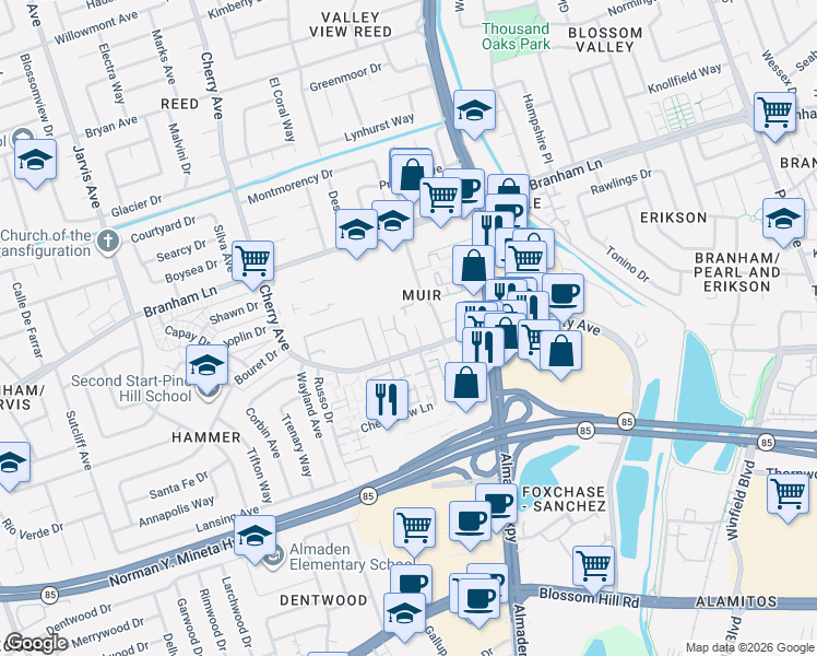 map of restaurants, bars, coffee shops, grocery stores, and more near 4977 Geomax Court in San Jose