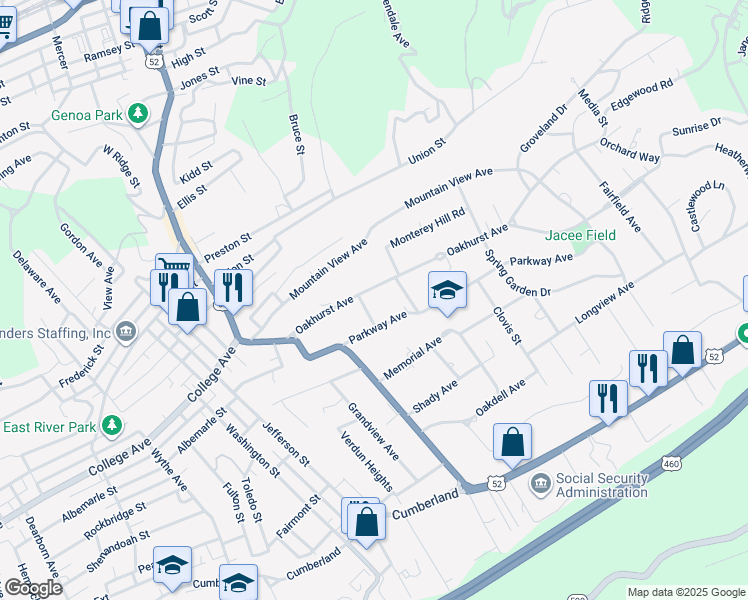 map of restaurants, bars, coffee shops, grocery stores, and more near 2208 Ledge Street in Bluefield