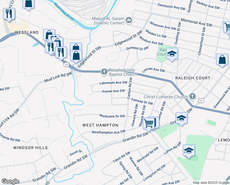 map of restaurants, bars, coffee shops, grocery stores, and more near 2644 Avenel Avenue Southwest in Roanoke