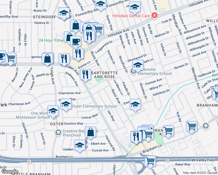map of restaurants, bars, coffee shops, grocery stores, and more near 3911 Ross Avenue in San Jose
