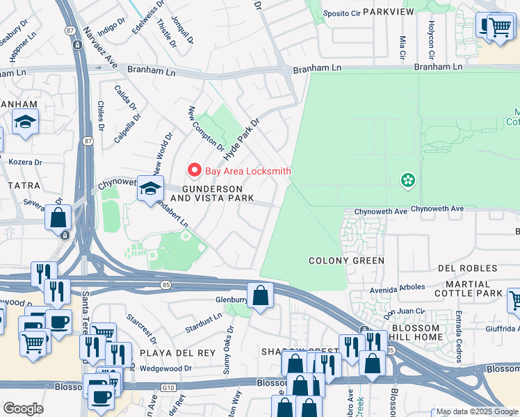 map of restaurants, bars, coffee shops, grocery stores, and more near 5175 Barron Park Drive in San Jose