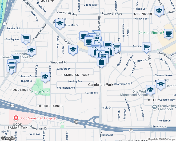 map of restaurants, bars, coffee shops, grocery stores, and more near 15122 Stratford Drive in San Jose