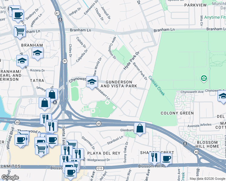 map of restaurants, bars, coffee shops, grocery stores, and more near 605 Gaundabert Lane in San Jose