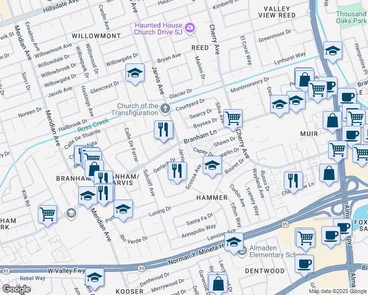 map of restaurants, bars, coffee shops, grocery stores, and more near 4696 Jarvis Avenue in San Jose