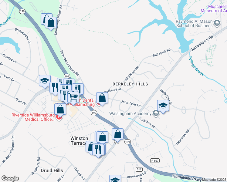 map of restaurants, bars, coffee shops, grocery stores, and more near 410 Mill Neck Road in Williamsburg