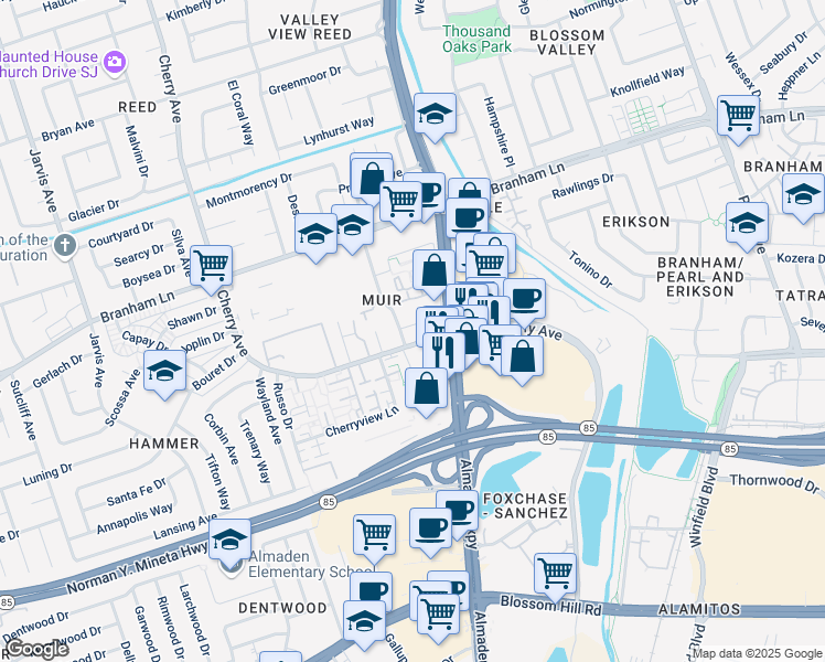 map of restaurants, bars, coffee shops, grocery stores, and more near 20 Waterville Drive in San Jose