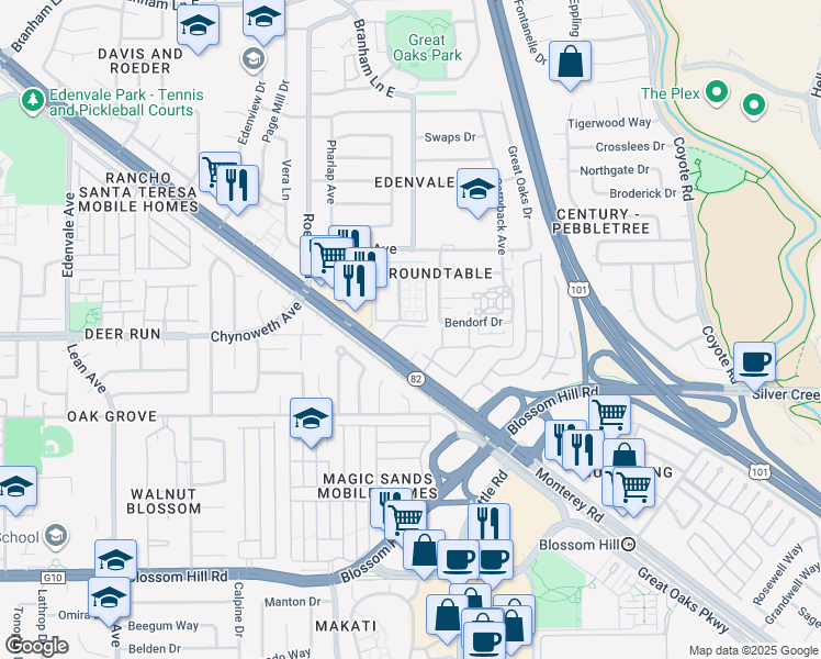 map of restaurants, bars, coffee shops, grocery stores, and more near 5334 Monterey Road in San Jose