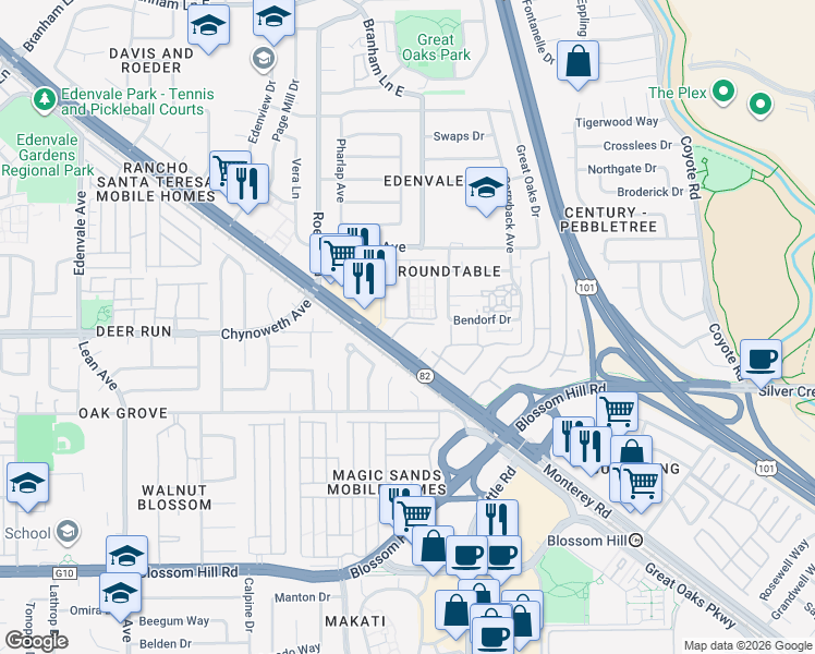 map of restaurants, bars, coffee shops, grocery stores, and more near 5334 Monterey Road in San Jose