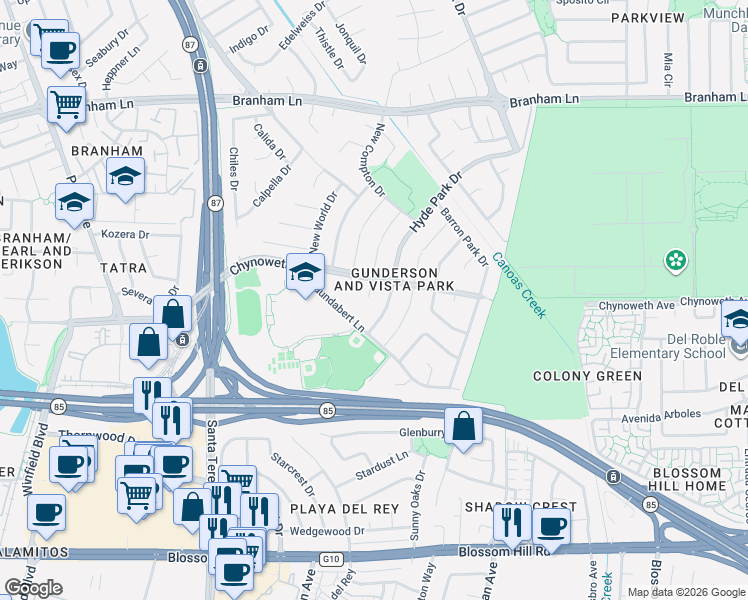 map of restaurants, bars, coffee shops, grocery stores, and more near 605 Gaundabert Lane in San Jose